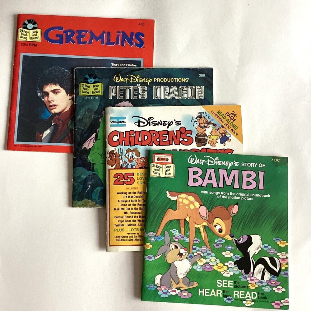 4 Vintage Childrens Classic Story Books Gremlins Bambi Pete's Dragon Walt Disney
